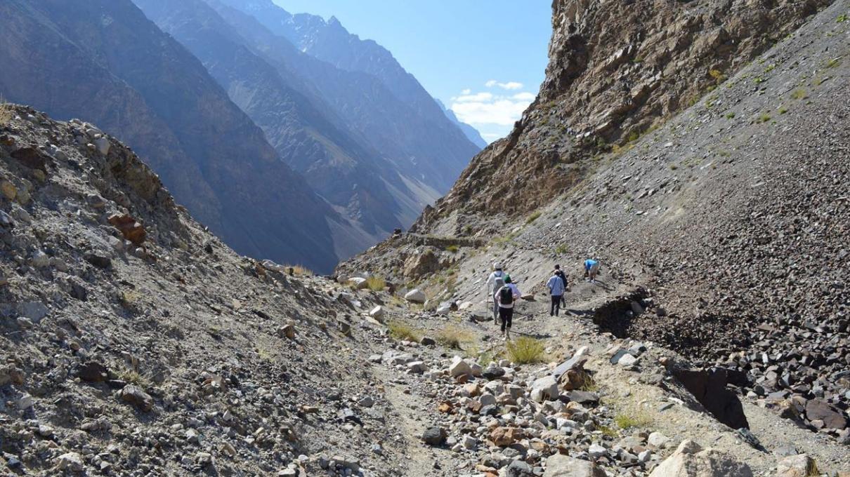 An MIT team explores the mountains of Tajikistan in 2019 while working with a local village on a plan to move to safer ground. Photo: Courtesy of KVO 