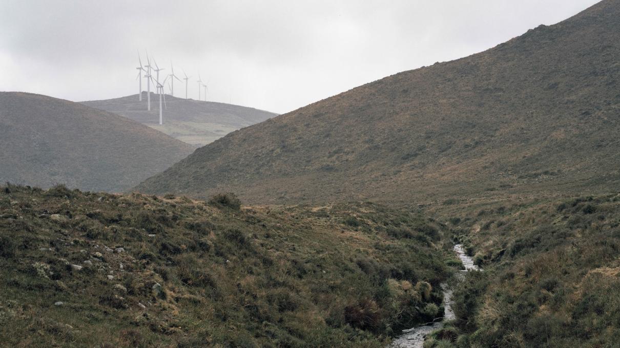 Mouth of the Eume River, set within a peat landscape now dotted with windmills.