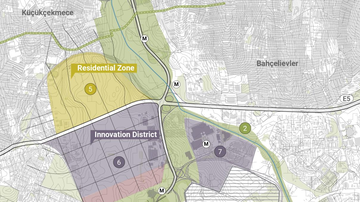 The "Swap Strategy" Plan: Taking inspiration from the program of vulnerable uses in the floodplain, the proposed swap strategy results in the relocation, regeneration, and reconnection of residential, industrial and commercial, and hydrological elements of the Ayamama River basin and the Decommissioned Ataturk Airport.