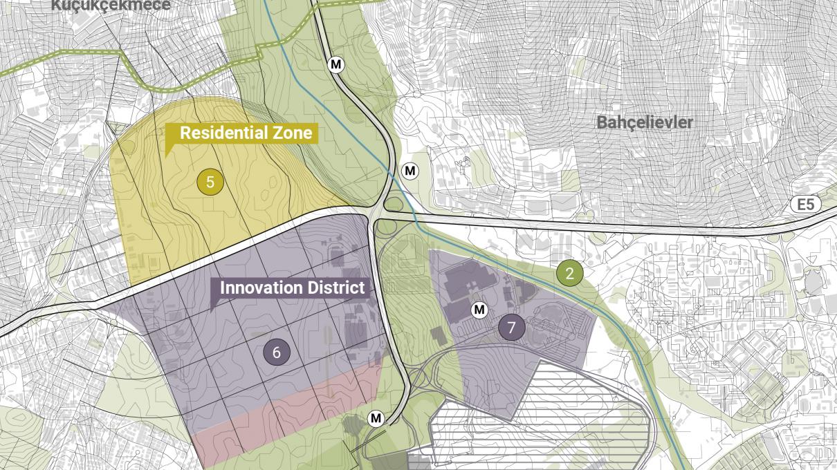 The "Swap Strategy" Plan: Taking inspiration from the program of vulnerable uses in the floodplain, the proposed swap strategy results in the relocation, regeneration, and reconnection of residential, industrial and commercial, and hydrological elements of the Ayamama River basin and the Decommissioned Ataturk Airport.