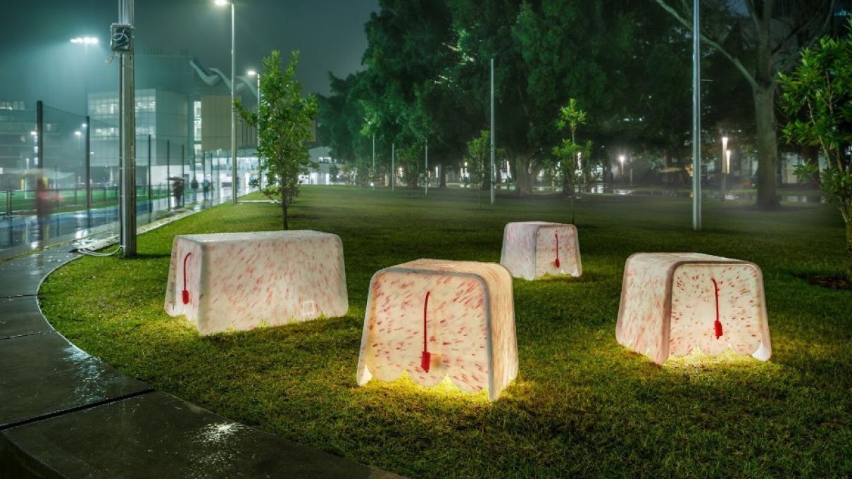 Four of the project benches illuminated in a grass field next to a street on a rainy night.